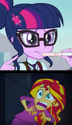 Size: 680x1184 | Tagged: safe, artist:little-tweenframes, derpibooru import, sci-twi, sunset shimmer, twilight sparkle, series:sciset diary, equestria girls, deleted from derpibooru, exploitable meme, female, implied magical lesbian spawn, lesbian, pregnancy test, pregnancy test meme, scitwishimmer, screaming, screenshots, shipping, sunset screamer, sunsetsparkle