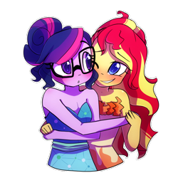 Size: 1000x1000 | Tagged: safe, artist:little-tweenframes, derpibooru import, sci-twi, sunset shimmer, twilight sparkle, series:sciset diary, equestria girls, legend of everfree, blushing, clothes, crystal gala, cute, deleted from derpibooru, dress, female, glasses, lesbian, princess dress, scitwishimmer, shipping, sleeveless, strapless, sunsetsparkle, twiabetes