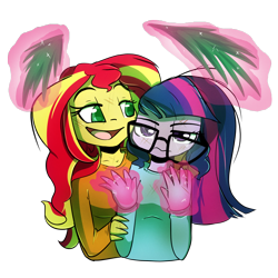 Size: 1000x1000 | Tagged: safe, artist:little-tweenframes, derpibooru import, sci-twi, sunset shimmer, twilight sparkle, series:sciset diary, equestria girls, clothes, colored pupils, deleted from derpibooru, female, glasses, glow, lesbian, magic, open mouth, scitwishimmer, scratches, shipping, sunsetsparkle, unamused