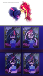 Size: 1000x1762 | Tagged: safe, artist:little-tweenframes, derpibooru import, sci-twi, sunset shimmer, twilight sparkle, series:sciset diary, equestria girls, alternate hairstyle, cute, deleted from derpibooru, female, lesbian, mirror, reflection, scitwishimmer, shipping, sunsetsparkle, twiabetes