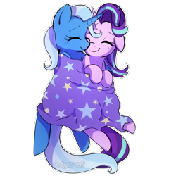 Size: 1000x1000 | Tagged: safe, artist:little-tweenframes, derpibooru import, starlight glimmer, trixie, pony, unicorn, blanket, blanket burrito, blushing, commission, cuddling, cute, deleted from derpibooru, diatrixes, eyes closed, female, floppy ears, glimmerbetes, lesbian, mare, shipping, simple background, smiling, snuggling, startrix, transparent background, trixie's cape, white outline