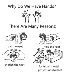 Size: 874x1000 | Tagged: safe, artist:scraggleman, oc, oc:floor bored, earth pony, human, pony, bed, disembodied hand, hand, heart hands, holding, holding a pony, in goliath's palm, meme, money, monochrome, petting, small pony, smiling, solo, text