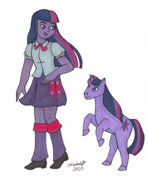 Size: 1080x1285 | Tagged: safe, alternate version, artist:nwladybugart, derpibooru import, twilight sparkle, unicorn twilight, pony, unicorn, equestria girls, clothes, colored hooves, cutie mark, cutie mark on clothes, duo, female, human ponidox, looking down, mare, rearing, self ponidox, shoes, signature, simple background, skirt, smiling, transparent background, white background