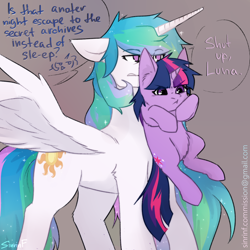 Size: 2480x2480 | Tagged: safe, artist:flysouldragon, derpibooru exclusive, derpibooru import, princess celestia, princess luna, twilight sparkle, unicorn twilight, alicorn, pony, unicorn, :t, annoyed, behaving like a cat, belly fluff, caught, cheek fluff, cute, dialogue, ear fluff, eyebrows visible through hair, female, filly, filly twilight sparkle, floppy ears, fluffy, glare, gray background, grumpy, horn, leg fluff, mare, messy mane, missing accessory, misspelling, momlestia, mouth hold, offscreen character, pouting, princess celestia is not amused, scruff, shoulder fluff, simple background, sketch, sleepy, smol, speech bubble, spread wings, talking, twilight is not amused, unamused, wing fluff, wings, younger