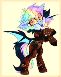 Size: 2508x3136 | Tagged: safe, artist:_spacemonkeyz_, derpibooru import, oc, oc:pidge, bat pony, pony, armor, bat pony oc, bat wings, dark brotherhood, freckles, gold tooth, leather armor, multicolored hair, rainbow hair, rearing, solo, wings