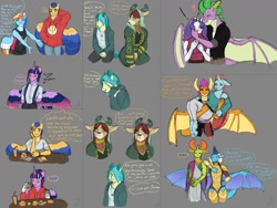 Size: 1280x960 | Tagged: safe, artist:theartfox2468, derpibooru import, dragon lord ember, flash sentry, ocellus, princess ember, rainbow dash, rarity, sandbar, smolder, spike, thorax, twilight sparkle, twilight sparkle (alicorn), yona, alicorn, anthro, changedling, changeling, blushing, bridal carry, burger, carrying, clothes, colored wings, embrax, female, flashlight, food, gray background, hay burger, headcanon, hoodie, interspecies, king thorax, lesbian, male, multicolored wings, shipping, simple background, smolcellus, sparity, straight, twilight burgkle, wings, yonabar