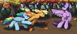 Size: 3624x1624 | Tagged: safe, artist:luther, artist:thebellfibe, derpibooru import, applejack, rainbow dash, twilight sparkle, twilight sparkle (alicorn), alicorn, earth pony, pegasus, pony, collaboration, female, leaves, running, shocked, tree