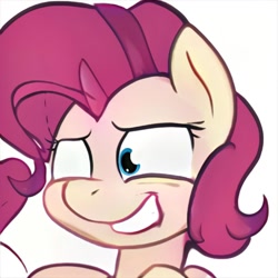 Size: 1024x1024 | Tagged: safe, artist:thisponydoesnotexist, derpibooru import, blind in one eye, machine learning abomination, neural network, not pinkie pie, smiling