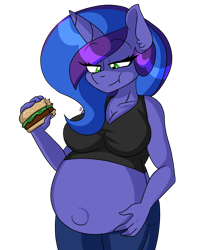 Size: 1670x2030 | Tagged: safe, artist:ladylullabystar, derpibooru import, oc, oc only, oc:blue monday, anthro, unicorn, belly, belly button, big belly, breasts, burger, clothes, female, food, horn, jeans, outie belly button, pants, pregnant, simple background, solo, tanktop, transparent background, unicorn oc