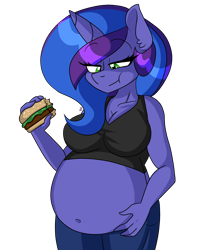 Size: 1670x2030 | Tagged: safe, alternate version, artist:ladylullabystar, derpibooru import, oc, oc only, oc:blue monday, anthro, unicorn, belly, belly button, big belly, breasts, burger, chubby, clothes, female, food, horn, jeans, pants, round belly, simple background, solo, tanktop, transparent background, unicorn oc