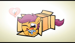 Size: 1024x600 | Tagged: safe, artist:alfa995, derpibooru import, rainbow dash, scootaloo, pegasus, pony, box, hoof hold, implied lesbian, implied scootadash, implied shipping, one eye closed, plushie, pony in a box, rainbow dash plushie, rainbow dash's cutie mark, shipping fuel