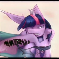 Size: 1024x1024 | Tagged: safe, artist:thisponydoesnotexist, derpibooru import, evil grin, grin, horror, machine learning abomination, mutant, neural network, not twilight sparkle, smiling