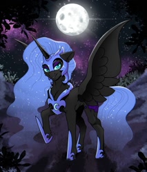 Size: 1920x2250 | Tagged: safe, artist:tillie-tmb, derpibooru import, nightmare moon, alicorn, pony, armor, ethereal mane, female, full moon, helmet, mare, moon, peytral, raised hoof, sky, solo, stars