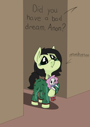 Size: 1000x1414 | Tagged: safe, artist:happy harvey, derpibooru import, oc, oc:anon filly, oc:jingles, earth pony, bad dream, clothes, clown, clown nose, cutie mark, cutie mark on clothes, doll, doorway, drawn on phone, female, filly, holding, large pupils, looking up, offscreen character, pajamas, teary eyes, toy