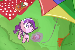 Size: 1280x854 | Tagged: safe, artist:ronin20181, derpibooru import, starlight glimmer, pony, unicorn, basket, glowing horn, horn, kite, kite flying, picnic basket, picnic blanket, solo