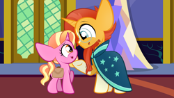 Size: 1920x1080 | Tagged: safe, artist:sugarcloud12, derpibooru import, luster dawn, sunburst, pony, bag, female, filly, saddle bag