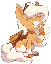 Size: 1944x2440 | Tagged: safe, artist:jetjetj, derpibooru import, part of a set, oc, oc only, oc:pumpkin spice, bat pony, pony, choker, commission, eyes closed, female, mare, simple background, sitting, solo, transparent background, ych result