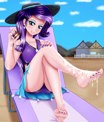 Size: 1700x2000 | Tagged: safe, alternate version, artist:focusb, derpibooru import, rarity, human, barefoot, bikini, clothes, feet, female, fetish, foot fetish, hat, human coloration, humanized, nail polish, sarong, smiling, solo, solo female, sun hat, sun lotion, swimsuit, toenail polish