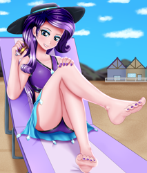 Size: 1700x2000 | Tagged: safe, artist:focusb, derpibooru import, rarity, human, barefoot, bikini, clothes, feet, female, fetish, foot fetish, hat, human coloration, humanized, nail polish, sarong, smiling, solo, solo female, sun hat, swimsuit, toenail polish