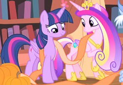 Size: 2164x1499 | Tagged: safe, derpibooru import, screencap, princess cadance, twilight sparkle, twilight sparkle (alicorn), alicorn, pony, three's a crowd, cropped, duo, female, golden oaks library, pumpkin, silk, sisters-in-law