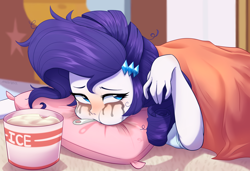 Size: 3200x2191 | Tagged: safe, artist:maren, derpibooru import, rarity, equestria girls, blanket, crying, food, ice cream, makeup, marshmelodrama, misleading thumbnail, mouth hold, pillow, rarity being rarity, running makeup, sad, spoon, this will end in weight gain