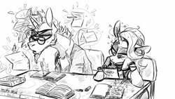 Size: 1280x720 | Tagged: safe, artist:wacky-skiff, derpibooru import, starlight glimmer, sunburst, pony, unicorn, clothes, female, magic, male, mare, monochrome, nintendo switch, stallion, studying, sunburst is not amused, unamused, video game