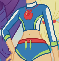 Size: 1084x1133 | Tagged: safe, derpibooru import, screencap, applejack, aww... baby turtles, better together, equestria girls, belly button, boobshot, breasts, clothes, cropped, female, geode of shielding, hand on hip, jewelry, magical geodes, necklace, solo, swimsuit