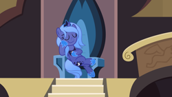 Size: 6452x3629 | Tagged: safe, artist:pumpkinpieforlife, derpibooru import, princess luna, alicorn, pony, castle of the royal pony sisters, crossed legs, crown, eyes closed, female, hoof shoes, jewelry, mare, peytral, regalia, s1 luna, sitting, solo, throne