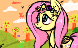 Size: 1840x1149 | Tagged: safe, artist:8-blit-poni, derpibooru import, fluttershy, pegasus, pony, female, floral head wreath, flower, mare, solo