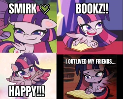 Size: 1013x815 | Tagged: safe, artist:galacticflashd, derpibooru import, rarity, twilight sparkle, twilight sparkle (alicorn), alicorn, pony, unicorn, my little pony: pony life, book, bookhorse, bookworm, caption, cute, cutie mark, female, happy, heart, image macro, immortality blues, implied immortality, library, mare, meme, reading, sad, smiling, smirk, smuglight sparkle, solo, text, twilight's castle, wings