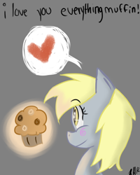 Size: 800x1000 | Tagged: safe, artist:8-blit-poni, derpibooru import, derpy hooves, pegasus, pony, bust, female, food, gray background, heart, mare, muffin, pictogram, simple background, solo, speech bubble, that pony sure does love muffins
