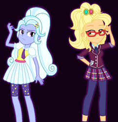 Size: 683x707 | Tagged: safe, artist:sarahalen, derpibooru import, applejack, sugarcoat, human, equestria girls, friendship games, alternate hairstyle, alternate outfits, alternate universe, blouse, clothes, crystal prep academy uniform, crystal prep shadowbolts, cute, duo, female, frown, glasses, hairclip, hand behind back, leggings, legs, looking at each other, necktie, rivals, school uniform, skirt