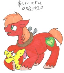 Size: 909x1026 | Tagged: safe, artist:cmara, derpibooru import, apple bloom, big macintosh, earth pony, pony, apple bloom's bow, bow, brother and sister, brotherly love, female, filly, hair bow, male, open mouth, raised hoof, siblings, simple background, stallion, traditional art, unshorn fetlocks, white background, younger