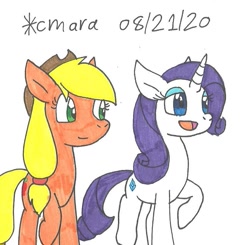 Size: 843x827 | Tagged: safe, artist:cmara, derpibooru import, applejack, rarity, earth pony, pony, unicorn, applejack's hat, cowboy hat, eyeshadow, female, hat, lesbian, makeup, mare, open mouth, raised hoof, rarijack, shipping, simple background, traditional art, white background