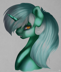 Size: 1171x1381 | Tagged: safe, artist:11-shadow, derpibooru import, lyra heartstrings, pony, unicorn, bust, female, gray background, portrait, simple background, solo