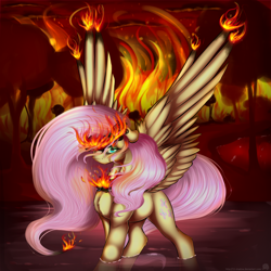 Size: 2000x2000 | Tagged: safe, artist:11-shadow, derpibooru import, fluttershy, pegasus, pony, badass, female, fire, flutterbadass, forest, forest fire, solo