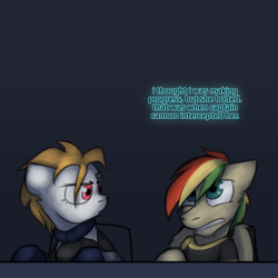 Size: 800x800 | Tagged: safe, artist:captainhoers, derpibooru import, oc, oc only, oc:jump cannon, oc:rainbow code, cyborg, earth pony, pegasus, the sunjackers, cyberpunk, female, male, mare, stallion