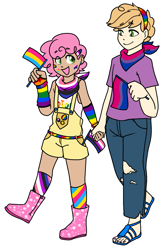 Size: 1327x2000 | Tagged: safe, artist:/d/non, derpibooru import, li'l cheese, little mac, human, arm warmers, bandaid, bandana, belt, bisexual pride flag, boots, clothes, ear piercing, earring, face paint, feet, freckles, gay, gay pride flag, genderfluid, genderfluid pride flag, hairband, hairclip, headcanon, holding hands, humanized, jeans, jewelry, lgbt headcanon, li'l mac n cheese, looking at each other, male, male feet, mismatched socks, nail polish, older li'l cheese, older little mac, open mouth, overalls, pansexual, pansexual pride flag, pants, piercing, pride, pride flag, sandals, sexuality headcanon, shipping, shirt, shoes, shorts, size difference, socks, stars, striped socks, suspenders, t-shirt, tanktop, torn clothes, wristband