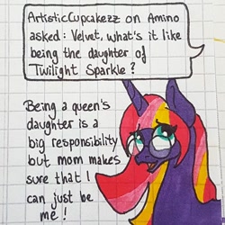 Size: 1080x1080 | Tagged: safe, artist:galaxy.in.mind, derpibooru import, oc, oc only, oc:velvet spark, pony, unicorn, ask, bust, eyes closed, female, glasses, graph paper, horn, magical lesbian spawn, mare, offspring, open mouth, parent:tempest shadow, parent:twilight sparkle, parents:tempestlight, solo, traditional art, unicorn oc