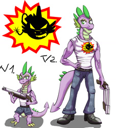 Size: 1134x1247 | Tagged: safe, artist:urhangrzerg, derpibooru import, spike, dragon, clothes, crossover, male, serious sam, weapon