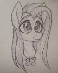 Size: 640x800 | Tagged: safe, artist:d0shkakart0shka, derpibooru import, fluttershy, pegasus, pony, bust, cutie mark accessory, female, looking at you, mare, pencil drawing, portrait, smiling, solo, three quarter view, traditional art