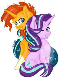 Size: 1080x1392 | Tagged: safe, artist:silentwolf-oficial, derpibooru import, starlight glimmer, sunburst, pony, unicorn, cape, clothes, duo, female, grin, male, mare, one eye closed, signature, simple background, smiling, socks (coat marking), stallion, transparent background, wink