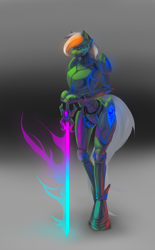 Size: 2180x3507 | Tagged: safe, artist:kiwwsplash, derpibooru import, oc, oc only, anthro, earth pony, pony, robot, robot pony, unguligrade anthro, abstract background, arm hooves, earth pony oc, solo, sword, weapon