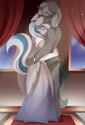 Size: 2683x3950 | Tagged: safe, artist:conrie, derpibooru import, oc, oc only, oc:lady lightning strike, oc:the ghost, anthro, pegasus, unicorn, anthro oc, dancing, duo, eyes closed, horn, pegasus oc, romantic, unicorn oc, wings