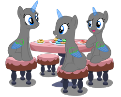 Size: 1350x1080 | Tagged: safe, artist:intfighter, derpibooru import, oc, oc only, alicorn, pony, alicorn oc, bald, base, eyelashes, food, group, hooves to the chest, horn, open mouth, plate, simple background, sitting, smiling, stool, transparent background, two toned wings, wings