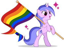 Size: 2360x1795 | Tagged: safe, artist:lazuli, derpibooru import, sea swirl, seafoam, pony, unicorn, bipedal, commission, eyelashes, female, flag, gay pride flag, hoof hold, mare, open mouth, pride, pride flag, simple background, smiling, solo, transparent background, ych result