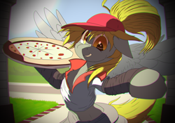 Size: 4093x2894 | Tagged: safe, artist:kpvt, derpibooru import, derpy hooves, pegasus, clothes, crossover, food, hat, league of legends, pizza, pizza delivery
