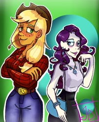 Size: 1300x1600 | Tagged: safe, artist:crazydarknes666, derpibooru import, applejack, rarity, equestria girls, abstract background, blushing, clothes, crossed arms, duo, female, freckles, hat, pants, purse, signature, smiling, straw in mouth