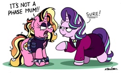 Size: 1024x619 | Tagged: safe, artist:bobthedalek, derpibooru import, luster dawn, starlight glimmer, pony, unicorn, angry, clothes, it's a phase, it's not a phase, like mother like daughter, luster dawn is starlight's and sunburst's daughter, older, older starlight glimmer, punk, punk dawn, smug