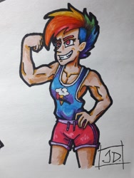 Size: 1548x2064 | Tagged: safe, alternate version, artist:crazydarknes666, derpibooru import, human, alternate hairstyle, clothes, cutie mark, cutie mark on clothes, female, flexing, humanized, mohawk, shorts, signature, smiling, solo, traditional art